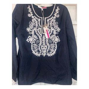 Tracy Reese Embellished Boho Style Blouse..Navy Blue & White.. Size L.. New